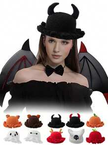 1 件男女通用手工针织无檐便帽，荷叶边渔夫帽，骷髅、南瓜、角图案，趣味角色扮演拉法帽 - 彩色 - 查看 1