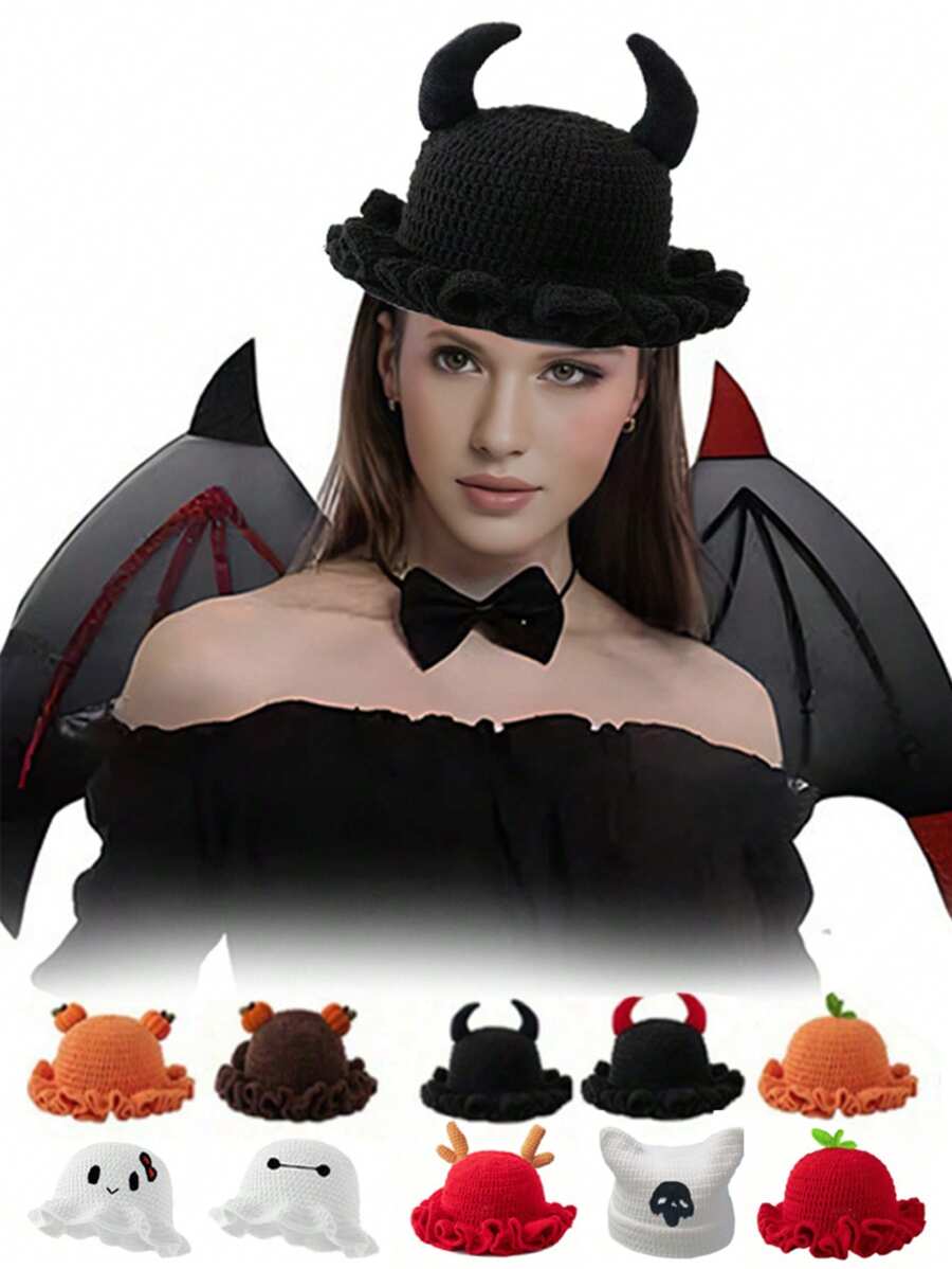 1 件男女通用手工针织无檐便帽，荷叶边渔夫帽，骷髅、南瓜、角图案，趣味角色扮演拉法帽 - 彩色 - 查看 1