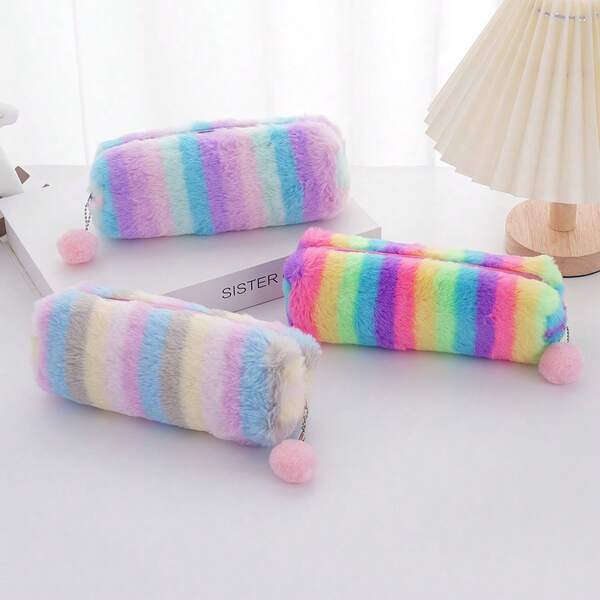 Gradient Color Cute Girl Plush Octagonal Pencil Case, Simple Student Stationery Storage Bag