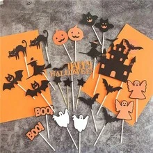 Colección de tarjetas de decoración de Halloween, decoración de pastel con calabaza, murciélago, bruja, fantasma, castillo, diversión para fiestas y disfraces