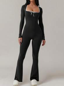 Yefecy Jumpsuit For Women,Elegant Square Neck Wide Leg Long Sleeve Bodysuit In Breathable Fabric - màu đen - Xem 4