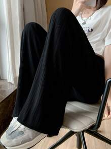 Pantalones anchos de seda helada para mujer, cintura alta, caída fluida, holgados, rectos, informales y largos hasta el suelo Pantalones de Mujer - Negro - Ver 5