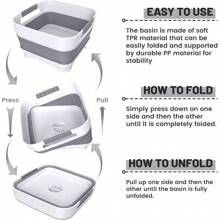 Collapsible Dish Basin With Drain Plug, 9L2.4Gal Capacity, Space Saving Portable Sink For Bottle, Kitchen, Camping RV, Gray - 灰色的 - 查看 2