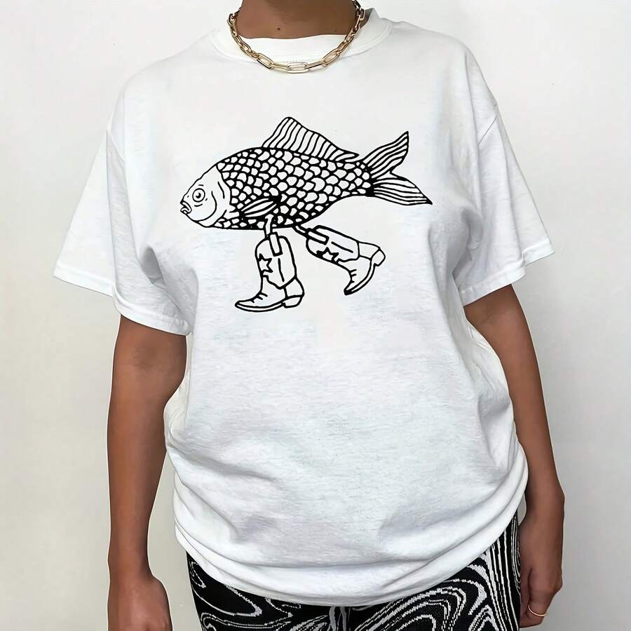 Walking Fish Printing Graphic Funny S Wo Short Sve Loose Cotton Sual T Shirts White Summer Fashion Aesthetic Shirts7 - 白色5 - 查看 1