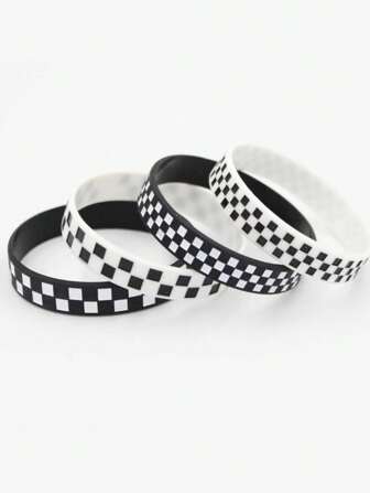 4pcs European & American Style Black & White Plaid Sports Bracelet, Unisex Couples Everyday Wear And Gift
