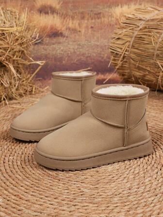 1 双女式纯色休闲保暖内衬户外雪地靴，冬季保暖，毛皮靴