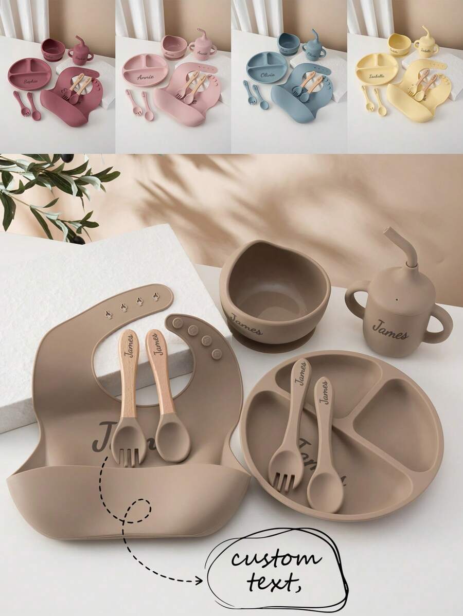 8PCS Personalized Customization Name Baby Silicone Custom Tableware Set Sucker Bowl Dishes Plate Bib Soft Spoon Fork Portable Baby Cup,Customized Kids Tableware,Easy Comfort,Kids,Gala Night,Modern,Colorful,Cute - Multicolor - View 1