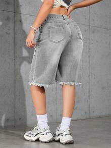 Women's Washed Ombre Distressed Loose Denim Bermuda Shorts - Grey - View 5