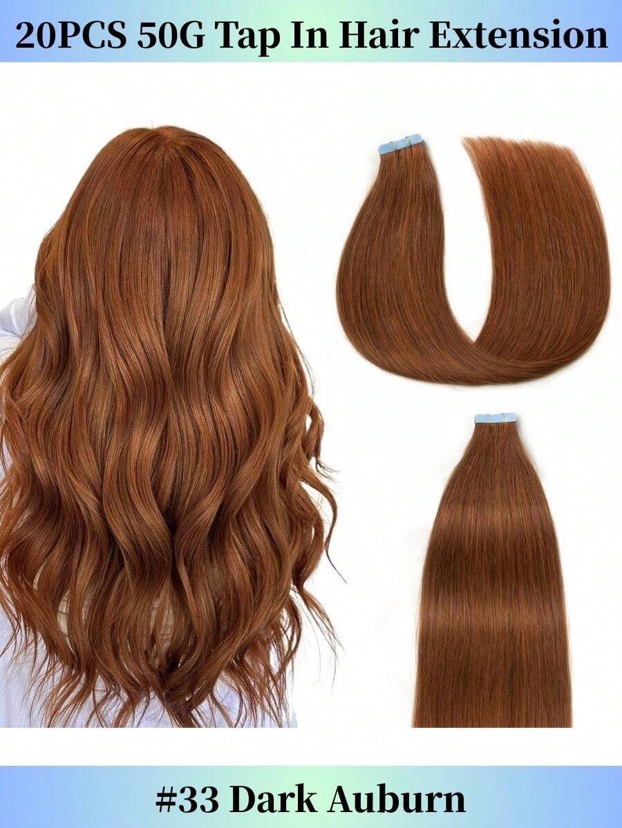 Tape In Hair Extensions Color #33 Dark Auburn 16-26Inch 50 Gram Remy Human Hair Extensions Sided Seamless Skin Weft Soft Silky Straight Remy Hair For Fashion Women 20 Pcs/Package - S33 - 查看 1