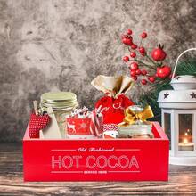 1PC Hot Cocoa Bar Wood Storage Box Christmas Decorations Wooden Organizer Bins Tray Decorative Open Holder Box Decor For Xmas Home Kitchen Office Farmhouse Gift Holiday Party Supplies (Red And Black Available )