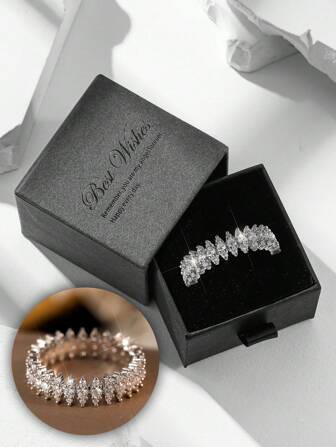 Anillo de diamante micro-incrustado en forma de herradura en caja de regalo, joyería de moda con circonita cúbica súper brillante, chapado en cobre puro con baño de oro blanco, adecuado para bodas, fiestas y regalos festivos