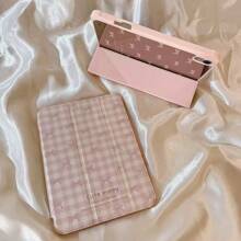 1 件极简格子蝴蝶结粉色镜面平板平板电脑保护壳适用于 iPad 11 2025/10.9/Air4/5/6/7 2025/10.2/Pro 11/10th/9.7/10.5，睡眠/唤醒功能
