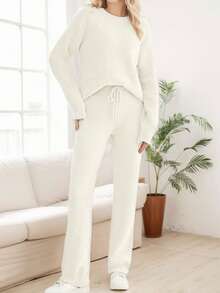 tooluck Women's Casual Pajama Set Fuzzy Fleece Knitted Long Sleeve Pj Loungewear White - trắng - Xem 3