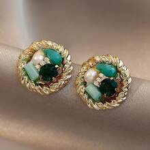 Faux Pearl Detail Round Earrings - Dark Green - View 3