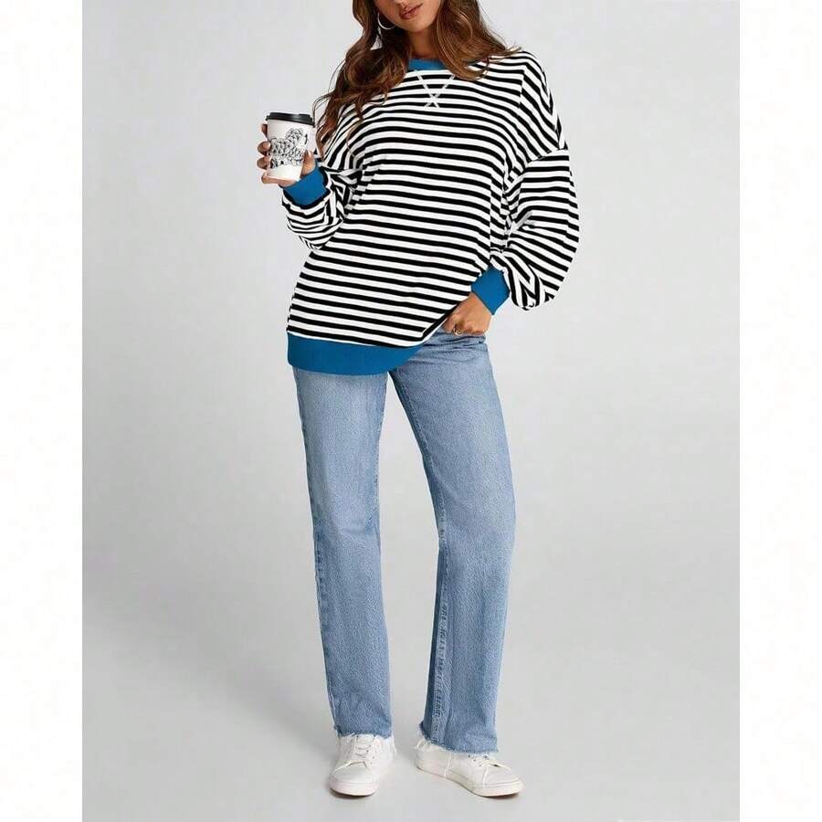 Womens Oversized Striped Sweatshirt Crewneck Long Sleeve Pullover Top Casual Y2K Spring Clothes 2026 Workout Shirt,Vacation Outfits Women,Valentine Outfits For Women,Street Photography - 黑色 白色 - 查看 1