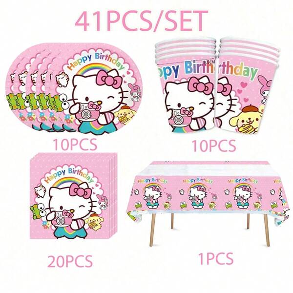 Sanrio 41 قطعة مجموعة أدوات المائدة وديكور حفلة عيد ميلاد هالو كيتي - بالونات كرتونية جذابة، كب كيك، وديكورات كعكة، مثالية لاحتفالات المنزل والغرفة، هدية عيد ميلاد مثالية، ديكور عيد ميلاد، حفلة عيد الميلاد