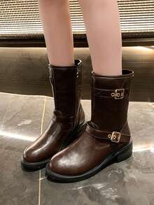 Botas Estilosas Femininas, Botas de Cavaleiro Estilo Britânico, Botas Curtas Versáteis de Ajuste Slim com Zíper Lateral Vintage, Botas para Primavera/Outono, Botas de Cano Médio Femininas de Couro com Salto Grosso