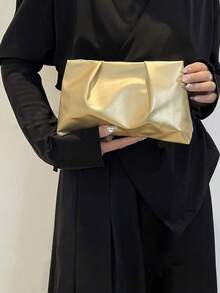 新款春夏时尚纯色手拿包、褶皱云朵包、纯色休闲信封包、化妆包、旅行配件包、洗漱包、收纳袋 - 金色 - 查看 3