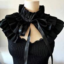 Womens Fake Ruffle Collar False Neck Collar Detachable Solid Color Tie-Up Front Ruched Dickey Collar - Negro - Ver 2