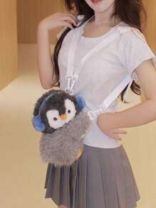 Cute Cat, Penguin, Rabbit Plush Backpack, Cat, Penguin, Rabbit Slouch Small Backpack, Girl Casual Phone Coin Purse, Unique Cartoon Shoulder Crossbody Bag - Grey - View 4