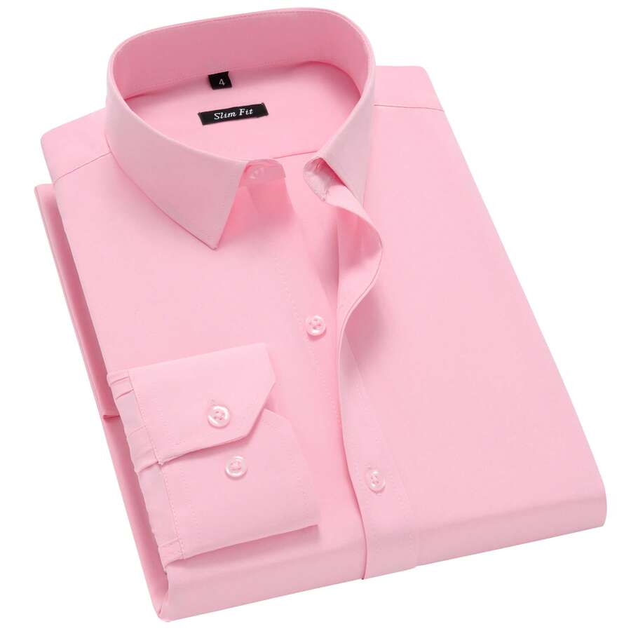 Men's Long Sleeve Dress Shirt, Good Quality, Slim Fit, Microelasticity - Hồng - Xem 1