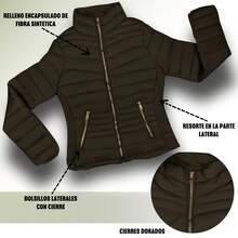Chamarra Capitonada para Dama Con Forro de Peluche Fino, Abrigadora para temporada de lluvias, Manga Larga con Bolsillos Laterales, Moda Casual para Dama, Colores Intensos - Verde Oliva - Ver 3