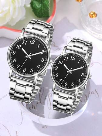 2 件男女情侣手表组合套装，时尚休闲，数字刻度尺寸表盘，适合日常佩戴的石英表，节日送给伴侣的礼物