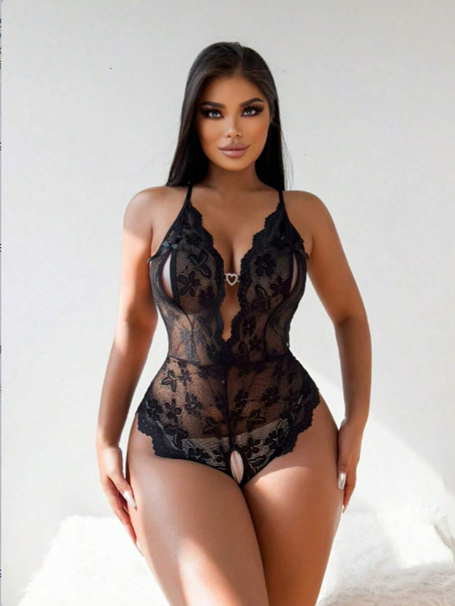 Sexy Women's Tight Bodysuit, Semi-Transparent Hollow Design, Pure Desire, Floral Lace Scallop Edge, Hollow Deep V Back Open Crotch Bodysuit, Women's Sexy Lingerie And Underwear - 黑色 - 查看 1