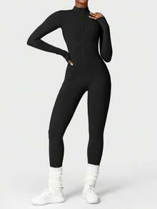 YEOREO Winter Skiwear  Fall Clothes For Women Fleece Long Sleeve Zipper Jumpsuit Zip Up Romper Bottom Pants Bodysuit Bodycon Sexy One Piece Fabric Spandex Tops Stretchy Flexible Bodysuit - 黑色 - 查看 7