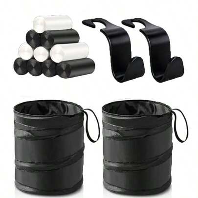 黑色折叠垃圾桶，容量大，便携式尼龙垃圾桶，配有挂带、座椅靠背挂钩和垃圾袋，适用于户外露营、野餐和公路旅行，多功能储物整理器、垃圾袋架或汽车垃圾桶