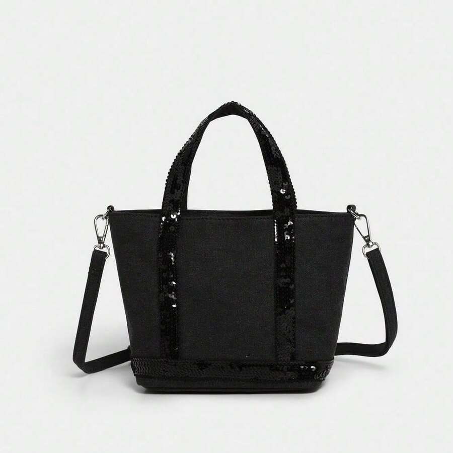 "New Patchwork Women's Bag With Sequins - Made Of Sturdy Canvas Fabric With Polyester Lining And Zipper - Shiny, Unique Style (Gift, Party, Everyday) - Perfect For Stylish And Fashionable Women" - 黑色 - 查看 1