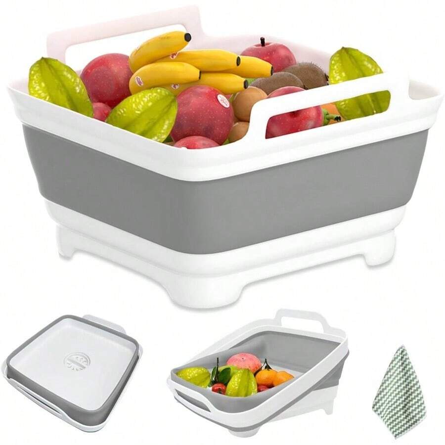 2.4 Gal9L Collapsible Dish Basin, Collapsible Kitchen Sink With Drain, Laundry Tub, Dish Tubs, Camping Sink Foldable, Kitchen Storage Tray For Camping, Vegetable Washing, RV Gray