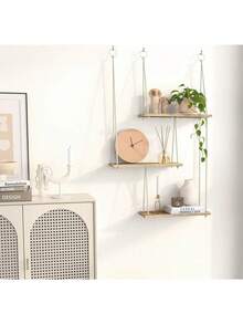 3-Tier Woven Macrame Wall Hanging With Wooden Floating Shelf, Boho Style Home Decor For Bedroom And Living Room - 1set - View 2