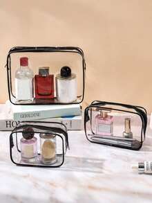 3 قطع/قطعة واحدة حقيبة أدوات تجميل بسيطة عصرية للجنسين، مجموعة حقائب أدوات تجميل وأغراض شخصية من EVA مزودة بسحاب - شفافة، منظم سفر متين للحقيبة المدرسية والسفر والعطلات الشاطئية، حقيبة مستحضرات تجميل شفافة مقاس 1 كوارت، مناسبة للسفر والجنسين، حقيبة منظم تجميل شفافة للحمل، حقيبة مكياج شفافة بلاستيكية للسفر، حقيبة يد صغيرة شفافة مقاومة للماء