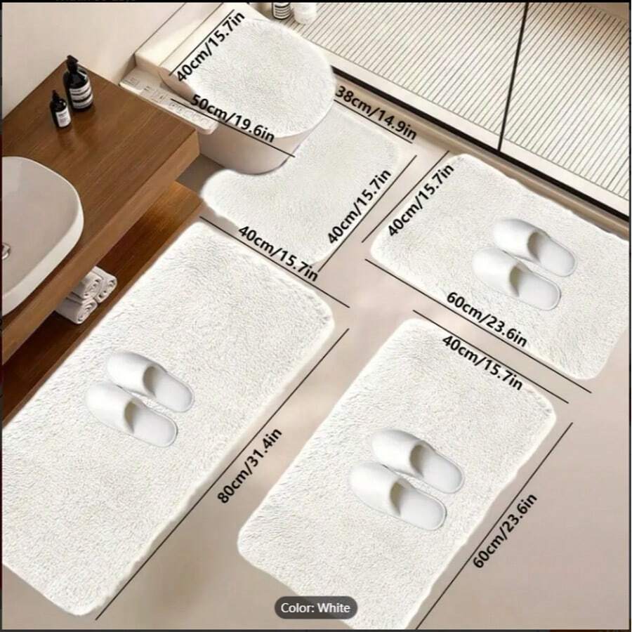 5-Piece Bathroom Rugs Set - Ultra Soft Velvet Fleece Mats, Non-Slip Absorbent Machine Washable, Contour & Toilet Lid Cover, Rectangular Mats For Modern Bathrooms, Thick Pile Foot Massage, Perfect For Bedroom Decor, Tub, Toilet Floor, Shower Room - trắng - Xem 1
