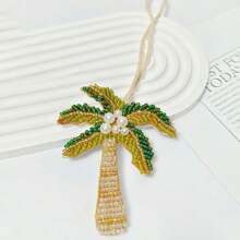 椰子树包吊坠、串珠椰子树、人造珍珠和果实累累的椰子树象征着毅力/顽强的生命力，手工串珠热带棕榈树钥匙扣 - 充满活力的绿色和粉红色 DIY 棕榈树饰物，带有白色花朵装饰，波西米亚风棕榈树饰物包和服装背包配饰，适合女性和男性