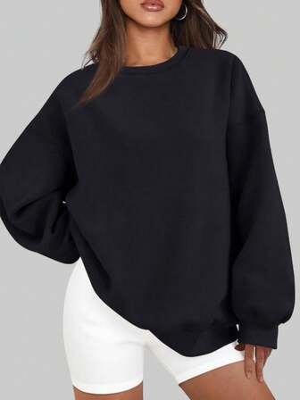 SUPEKYKO Women's Oversized Drop Shoulder Crew Neck Sweatshirt - Solid Color Round Neck Long Sleeve Casual Sportswear