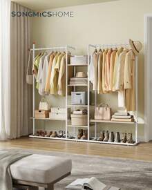 SONGMICS HOME Clothes Rail, Clothes Rack With Shoe Shelf, Heavy-Duty Storage Rack, 6 Storage Shelves, 2 Hanging Rails, Matchstick-Shaped Hooks, Natural Beige And Matte White - White - View 1