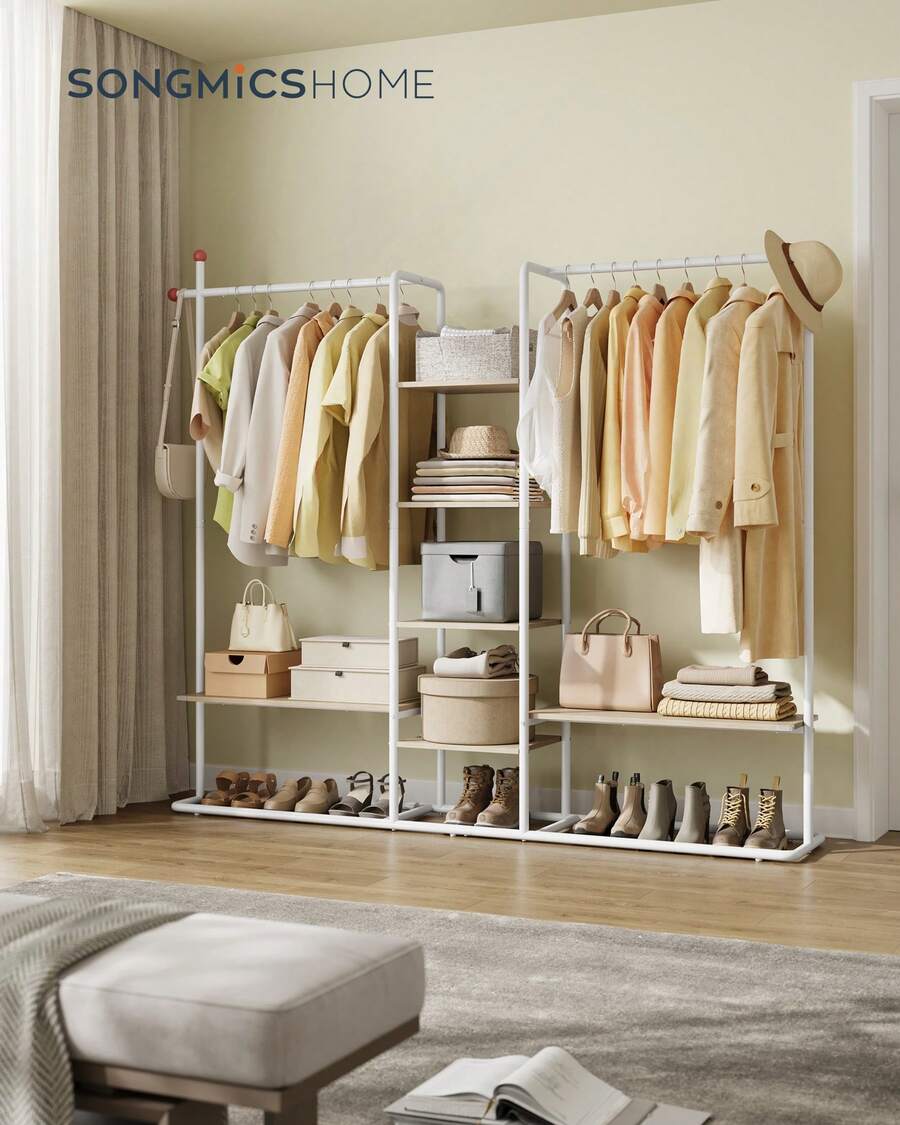 SONGMICS HOME Clothes Rail, Clothes Rack With Shoe Shelf, Heavy-Duty Storage Rack, 6 Storage Shelves, 2 Hanging Rails, Matchstick-Shaped Hooks, Natural Beige And Matte White - White - View 1