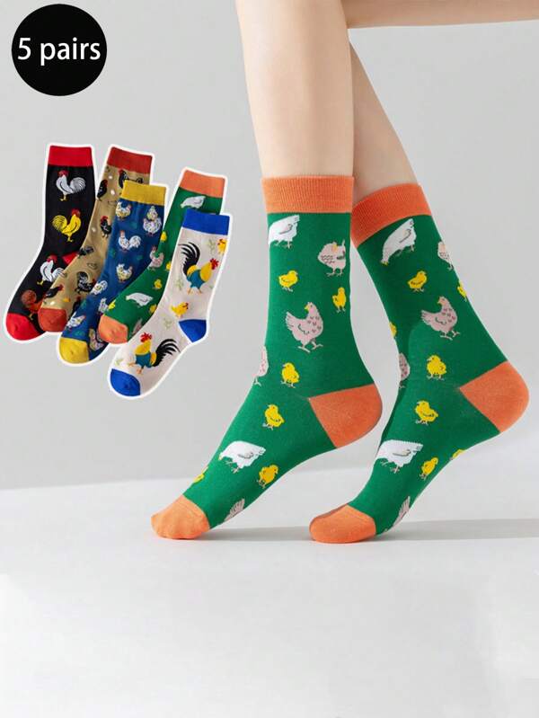 5 Pairs Rooster Pattern Mid-Calf Socks, Cotton Breathable Moisture-Wicking Casual Socks
