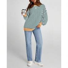 Womens Oversized Striped Sweatshirt Crewneck Long Sleeve Pullover Top Casual Y2K Spring Clothes 2026 Workout Shirt,Vacation Outfits Women,Valentine Outfits For Women,Street Photography - Green White - 查看 1