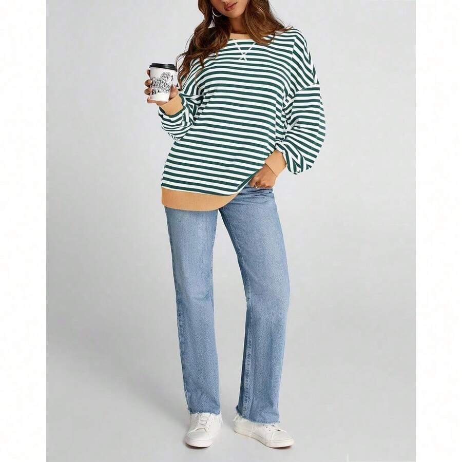 Womens Oversized Striped Sweatshirt Crewneck Long Sleeve Pullover Top Casual Y2K Spring Clothes 2026 Workout Shirt,Vacation Outfits Women,Valentine Outfits For Women,Street Photography - Green White - 查看 1