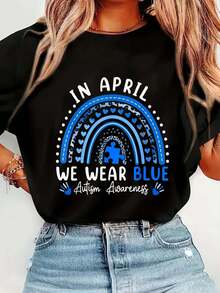 100% Cotton In April We Wear Blue Rainbow Autism Awareness Month T-Shirt T-Shirt Women's Men's Streetwear Graphic Tee Black Crew Neck Vacation Tops - 黑色 - 查看 1