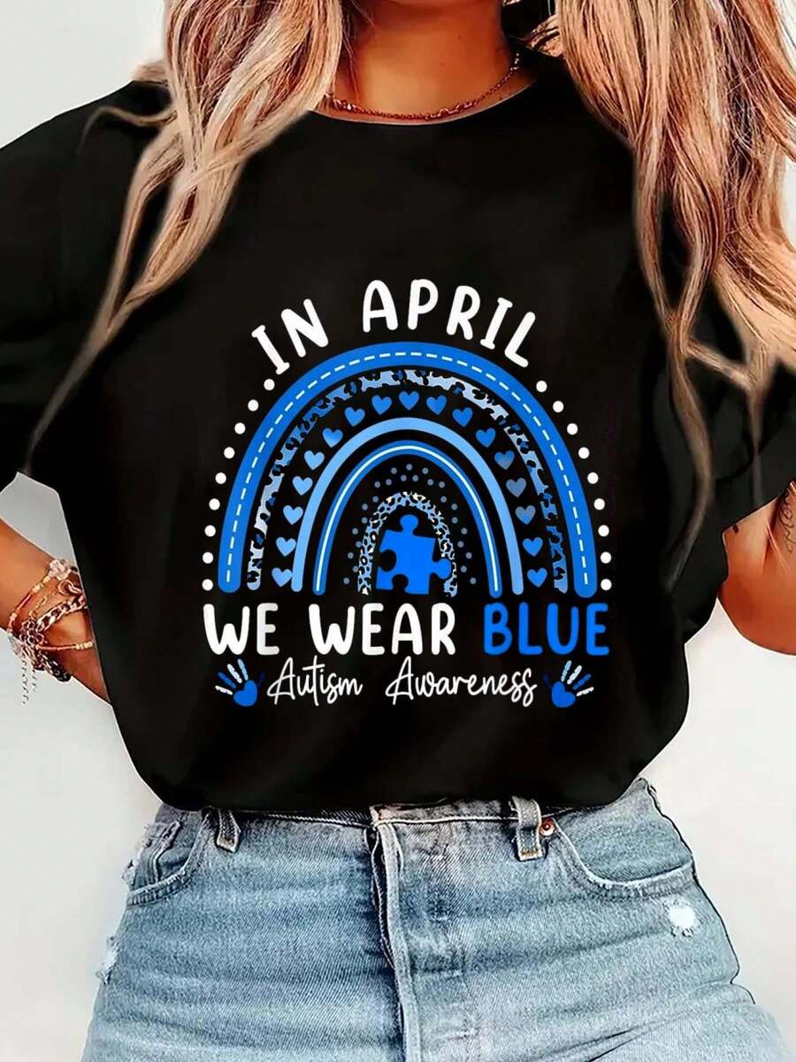 100% Cotton In April We Wear Blue Rainbow Autism Awareness Month T-Shirt T-Shirt Women's Men's Streetwear Graphic Tee Black Crew Neck Vacation Tops - 黑色 - 查看 1