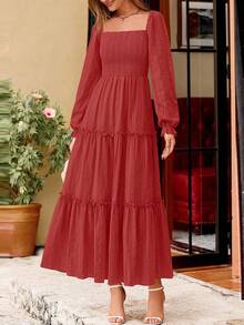 PRETTYGARDEN Women Elegant  Maxi Dresses For Fall Boho Long Sleeve Smocked A Line Ruffle  Wedding Guest Holiday Party Long Dress With Pockets New Years Valentine Vacation Spring Dresses For Women Vestidos Elegantes De Mujer - 紅色 - 查看 7