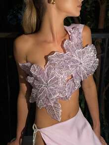 Women's 3D Flower Gorgeous Sequin Decor One Shoulder Sleeveless Bandeau Top Slim Fit Going Out Party Camisole - 粉色 - 查看 3