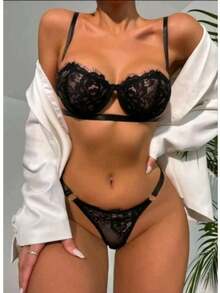 Conjunto Gringa Sutiã Meia Taça Com Aro Sem Bojo Calcinha Fio Lingerie Sensual Luxo - Preto - Visão 5