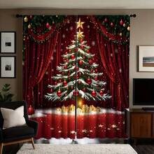 2 piezas Cortinas navideñas con estampado de árbol de Navidad rojo - Decoración navideña elegante con copos de nieve, estrellas doradas y adornos, diseño de bolsillo para vara para sala de estar o dormitorio, de microfibra de poliéster lavable a máquina, Cortinas navideñas