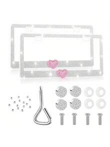 1pc/2pcs Plain Heart-Shaped Rhinestone Car License Plate Frame, Made Of Rust-Proof, Waterproof Plastic, Comes With Sparkling Rhinestone Screws And Installation Tools, Suitable For US/Canada/Mexico Car Exterior Decor, Simple & Creative Gift For Female Friends And Couples - 2pcs - View 10
