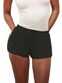 Women's Summer Drawstring Shorts Solid Color Low Waist Casual Breathable Short Pants - màu đen - Xem 8